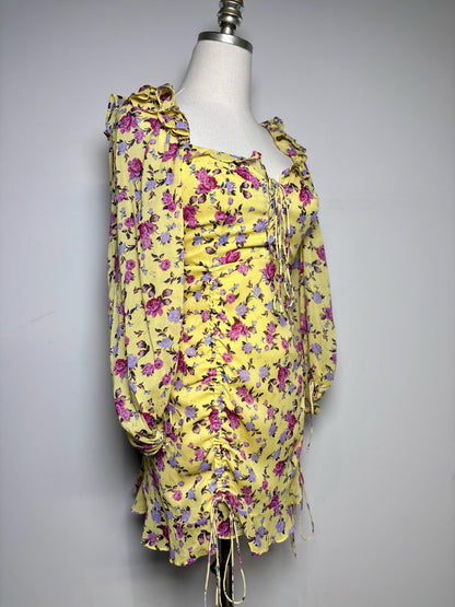Women Size L For Love & Lemons Yellow Floral Print 92% Silk  Dress