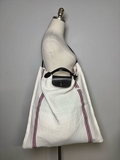 Longchamp Solid w/Stripe Accents Linen Pre-owned Off-white Cowhide Trim Purse