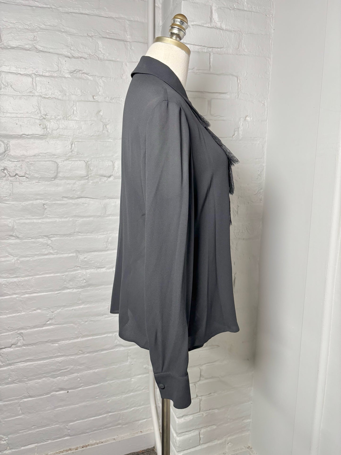 Women Size 40 (0, US) Escada Black Solid Silk Lace Bib Front Blouse