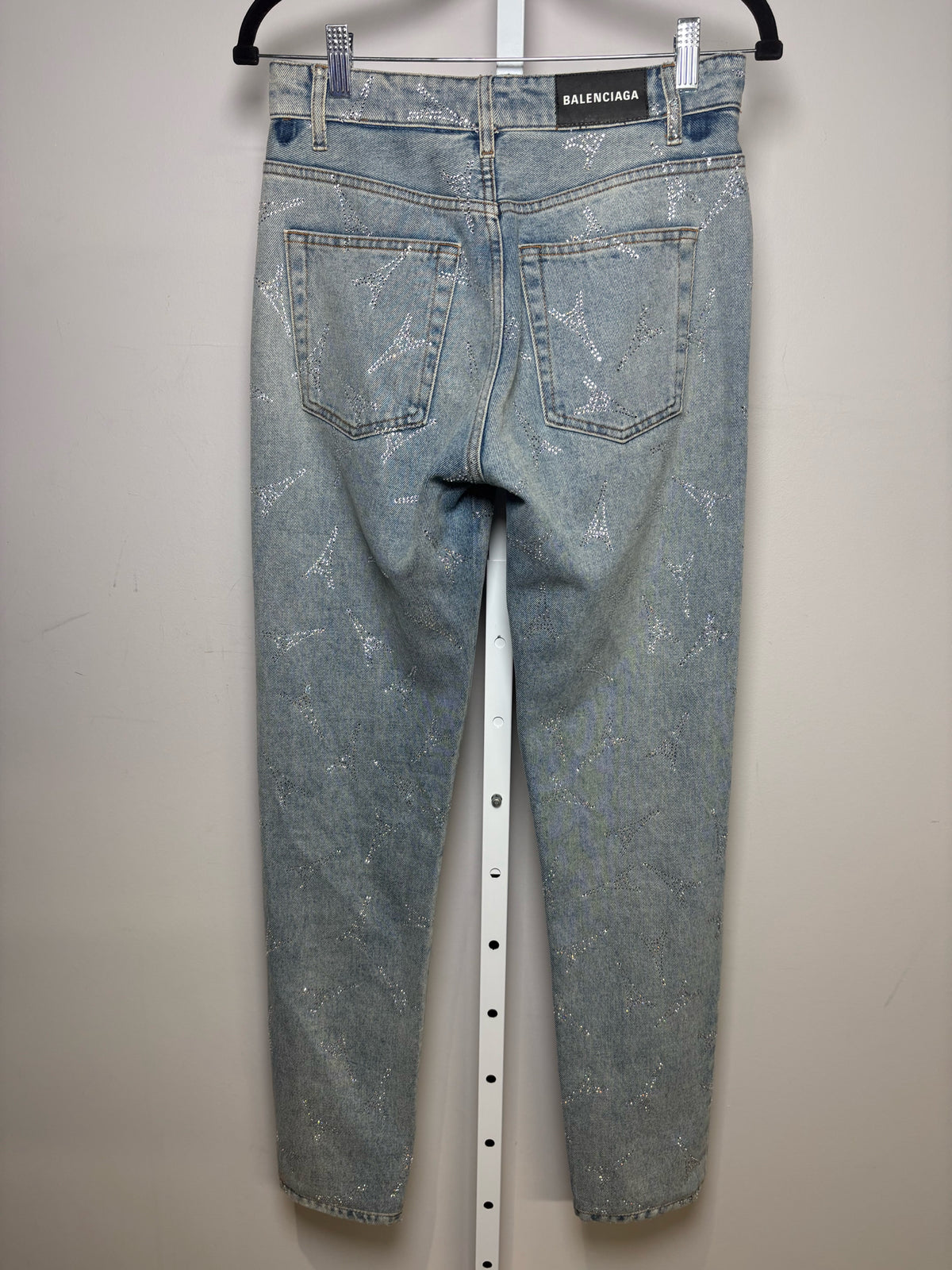 Women Size 27 Authentic Balenciaga Blue Denim Crystal Eiffel Tower Pre-Owned Straight-Leg Jeans