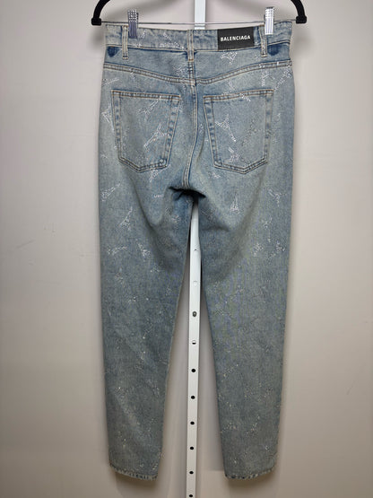 Women Size 27 Authentic Balenciaga Blue Denim Crystal Eiffel Tower Pre-Owned Straight-Leg Jeans