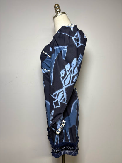 Women's Size S Johanna Ortiz Blue & White Aztec Print Organic Cotton Pre-Owned Mini Dress