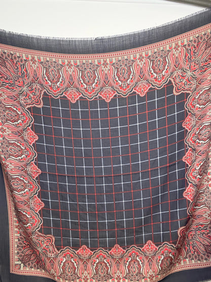 Burberrys' Paisley & Check Pure Wool Vintage RARE Pre-owned Square Navy Scarf