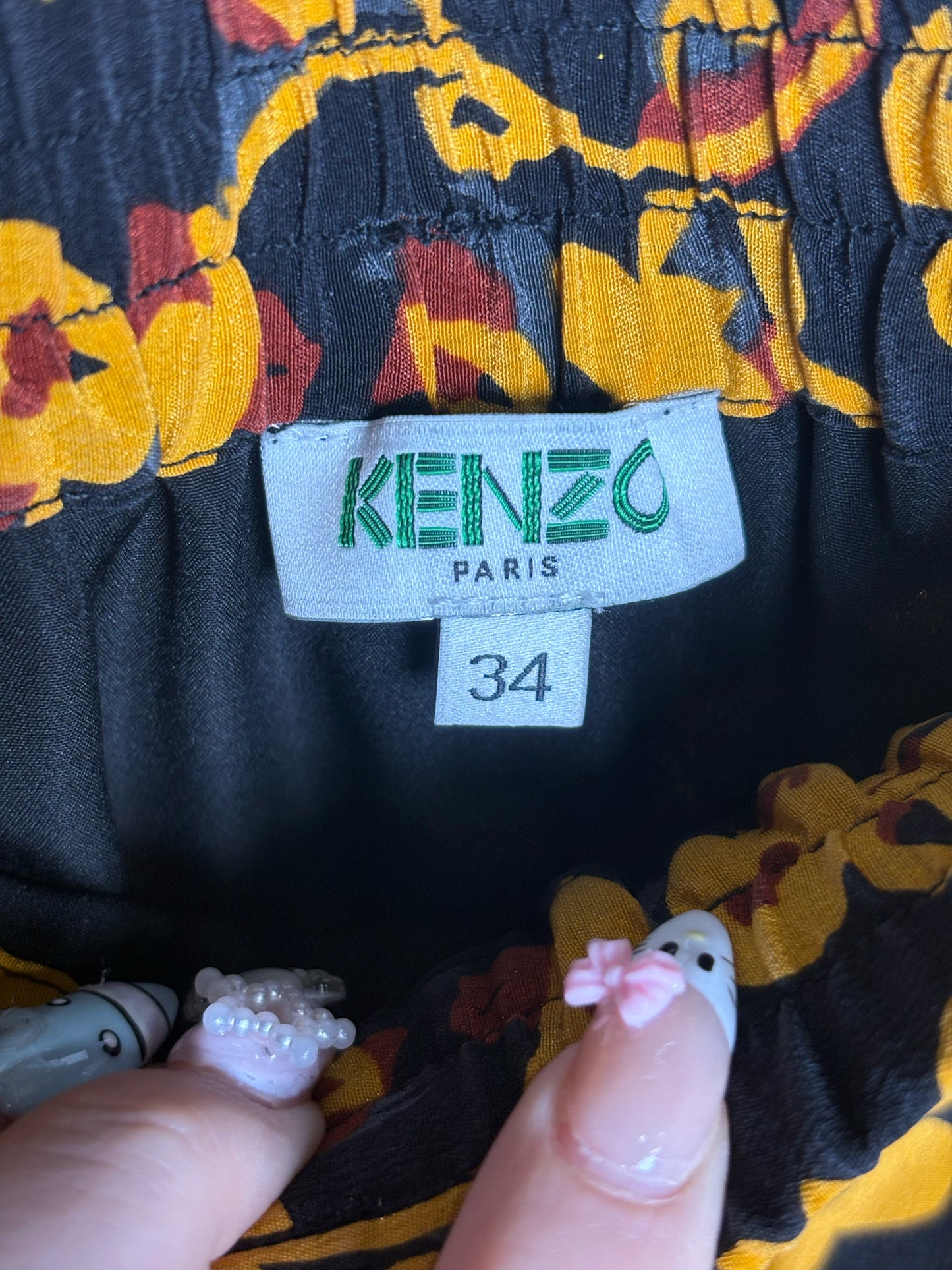 Women Size 34 Kenzo Gold, Black, Gray, Burgundy Print Pure Silk Women's Skirt