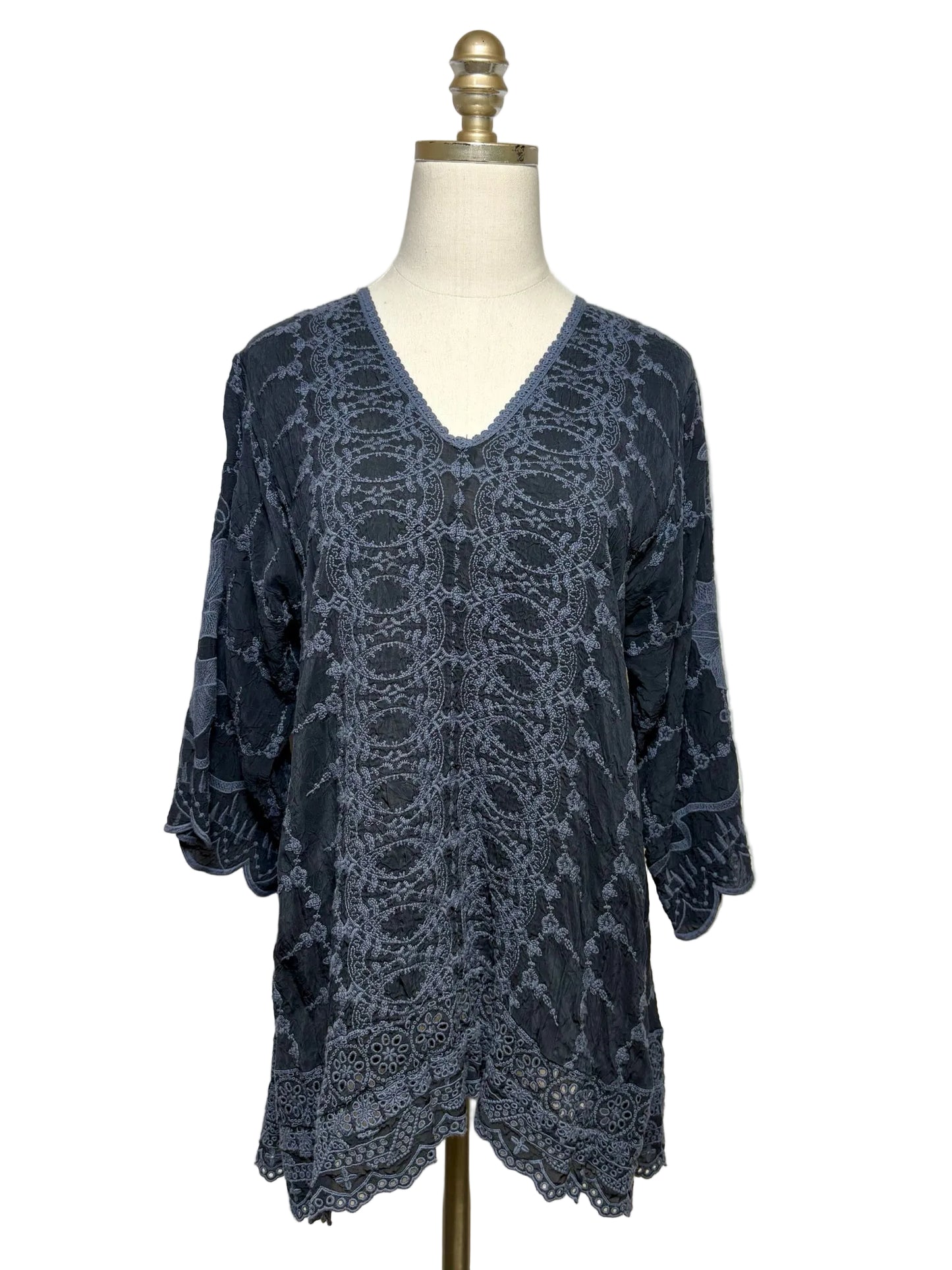 Women Size S Johnny Was Black & Charcoal Embroidered Pure Cupra Pre-Owned Tunic Top