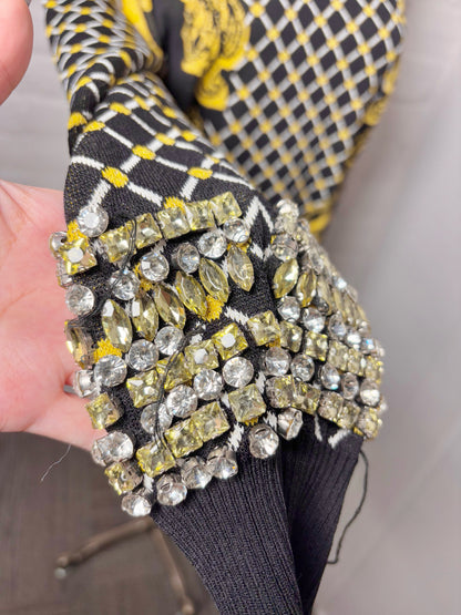 Women Size M Karen Millen Yellow, Black, Red Crystals, Swirls Knit Sweater