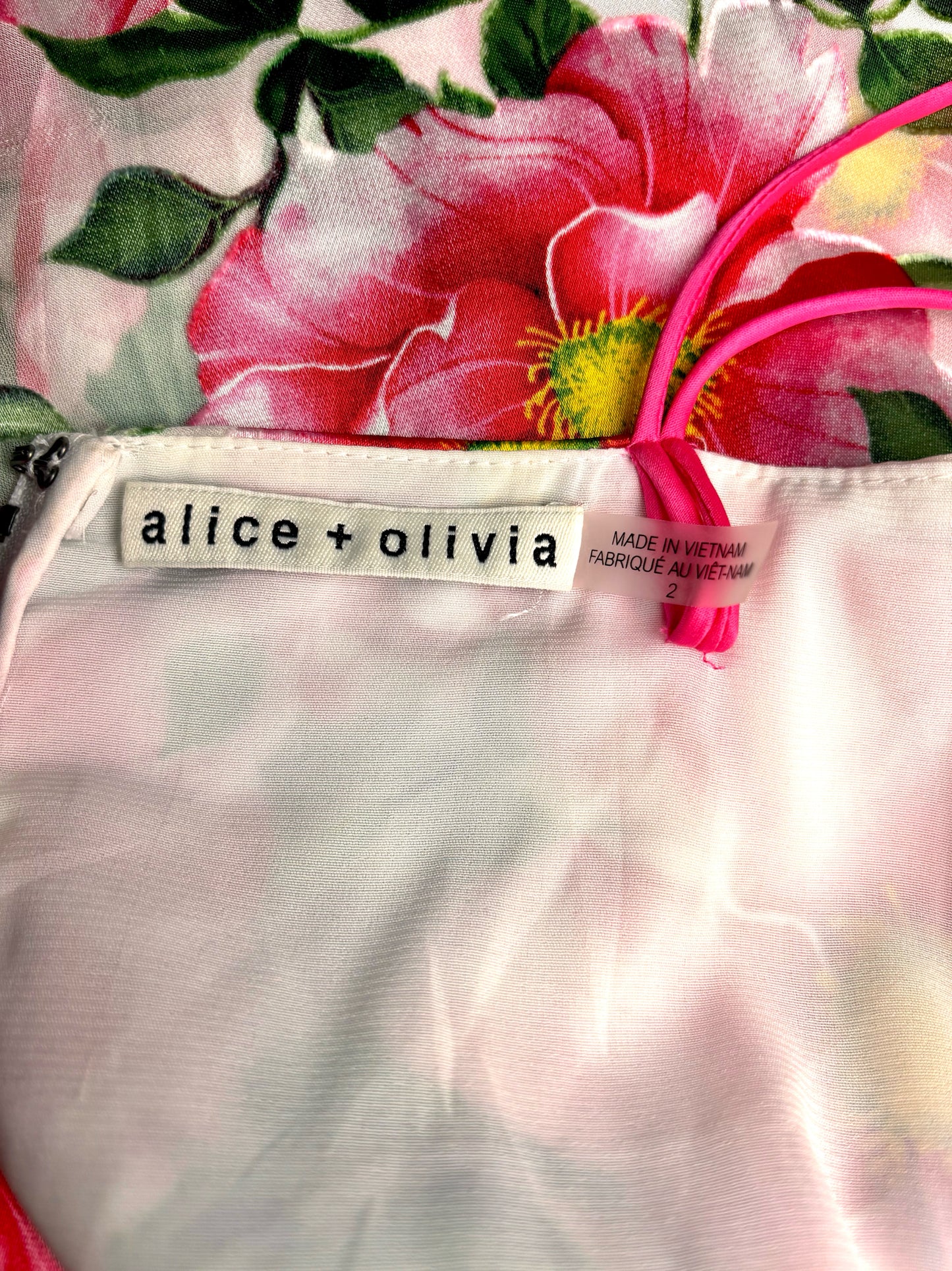 Women Size 2 Alice + Olivia White, Pink, Green Floral Silk Blend Pre-owned Dress