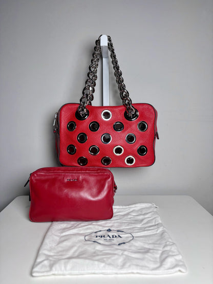 Women's Prada Vitello Daina Silver Grommets Leather Pre-owned Red Bag
