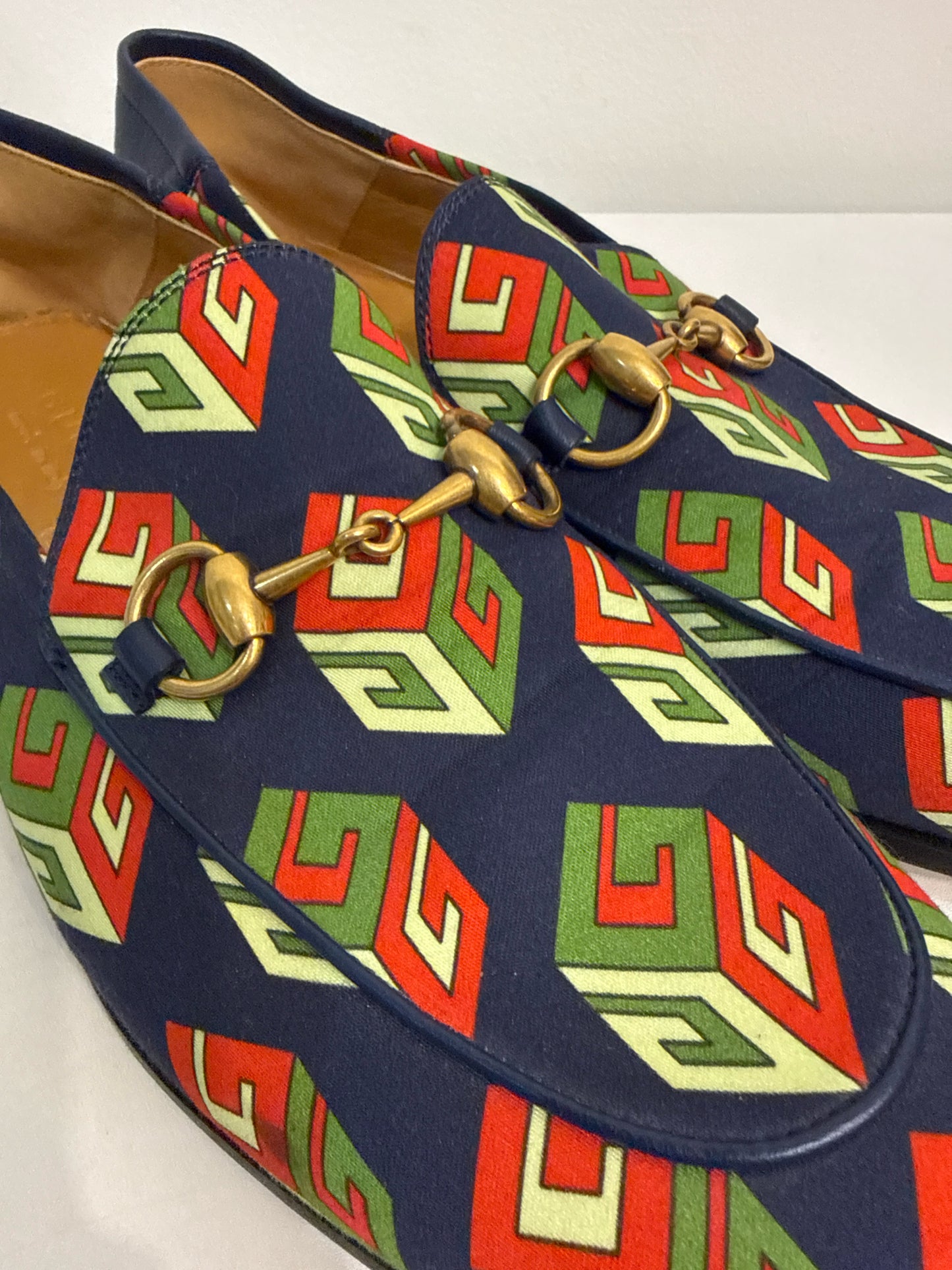 Gucci Brixton GG Blue Satin Print Shoe Sz 8 Men's Loafers NWT Pre-owned