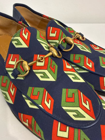 Gucci Brixton GG Blue Satin Print Shoe Sz 8 Men's Loafers NWT Pre-owned