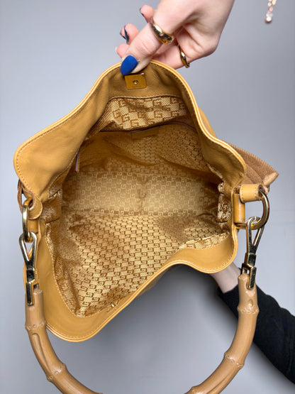 Gucci Leather Tan 2-Way Carry Bamboo Hobo Handbag