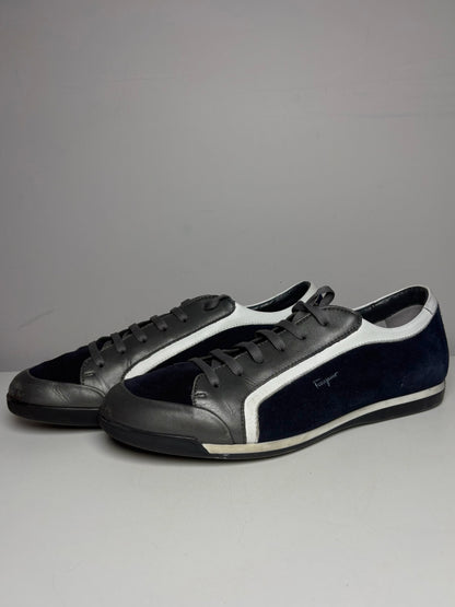 Salvatore Ferragamo Blue, Gray, White Cowhide Leather, Suede Leather Sneakers
