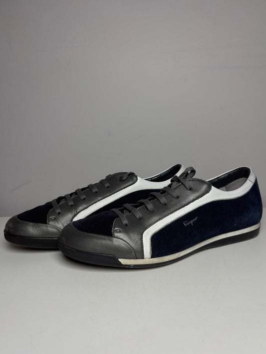 Salvatore Ferragamo Blue, Gray, White Cowhide Leather, Suede Leather Sneakers