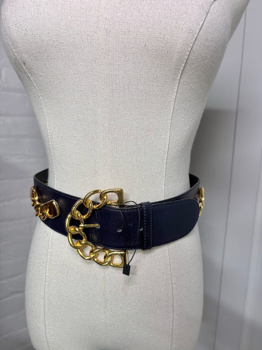 Escada Leather 36 (XS) Vintage Black Chain Links Padlocks Belt