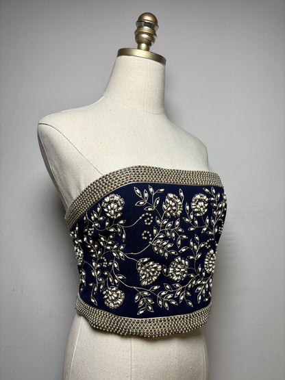Women Size 4 Alice + Olivia Navy Beaded Polyester Pre-Owned Strapless Crop Top