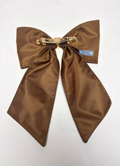 Prada Recycled Nylon Brown Hair Clip/Bow w/Triangle Logo Pre-owned
