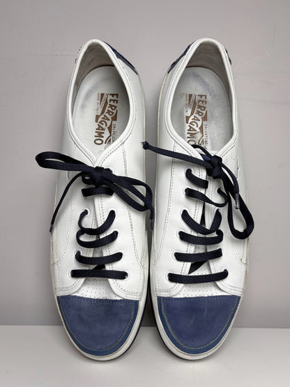 Salvatore Ferragamo White, Blue Leather Colorblock Men's Pre-owned 11 Sneakers