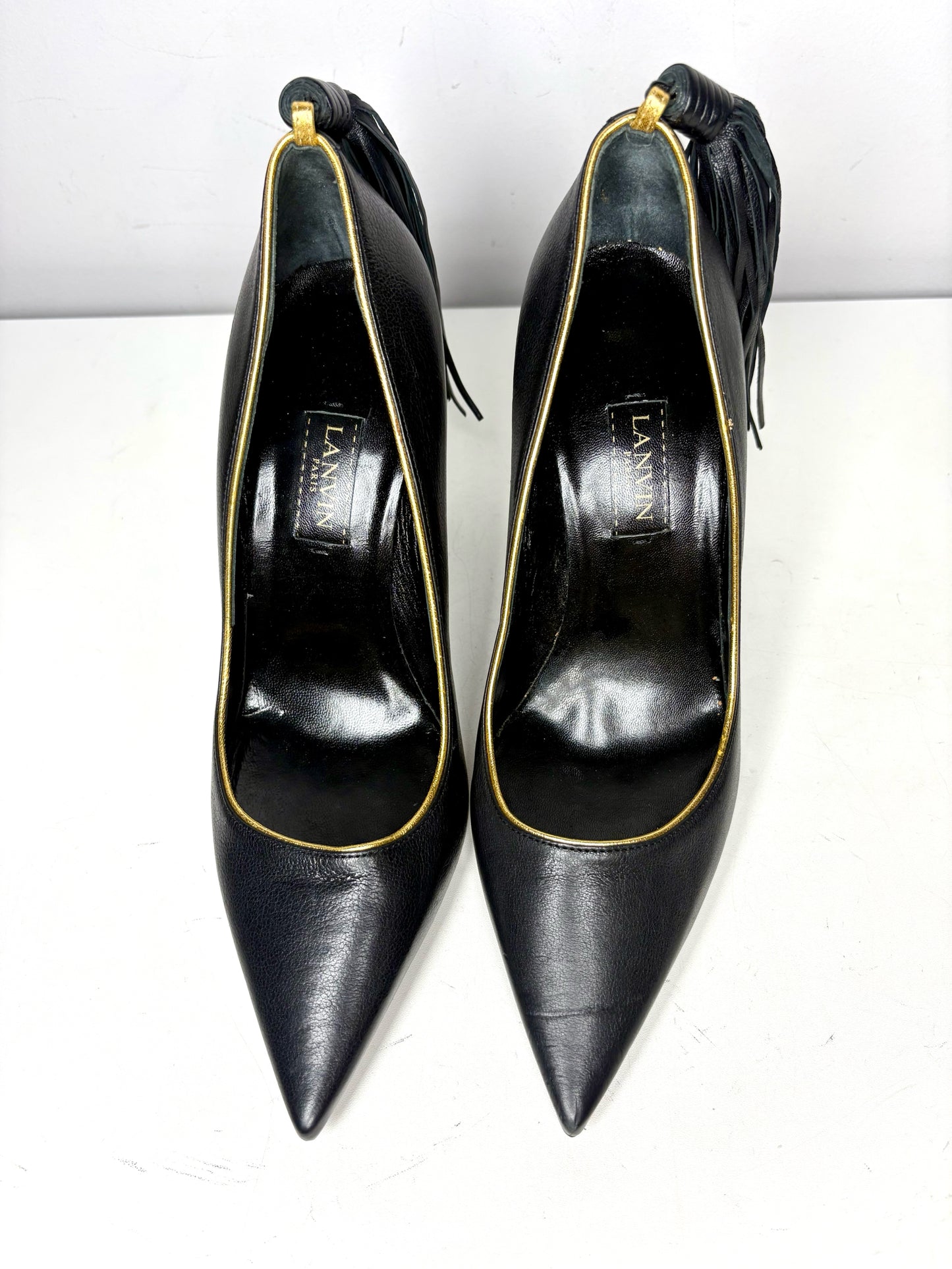 W Shoe Size 38.5 (8.5 US) Lanvin Ankle Tassel Black Leather Pre-owned Heels