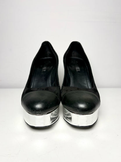 W Shoe Size 41.5 Chanel Black, Silver Leather Suede Pre-owned Heels