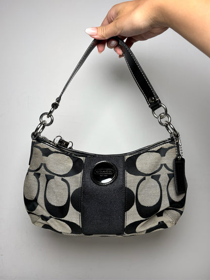 Women's Coach Black & Grey Signature Canvas Y2K Vintage Pre-Owned Half Moon Shoulder Bag