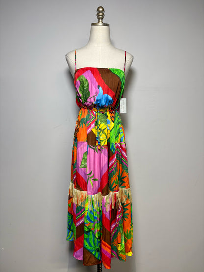 Women Size S Farm Rio Palila Tropical Pre-Owned Fringed Midi Dress