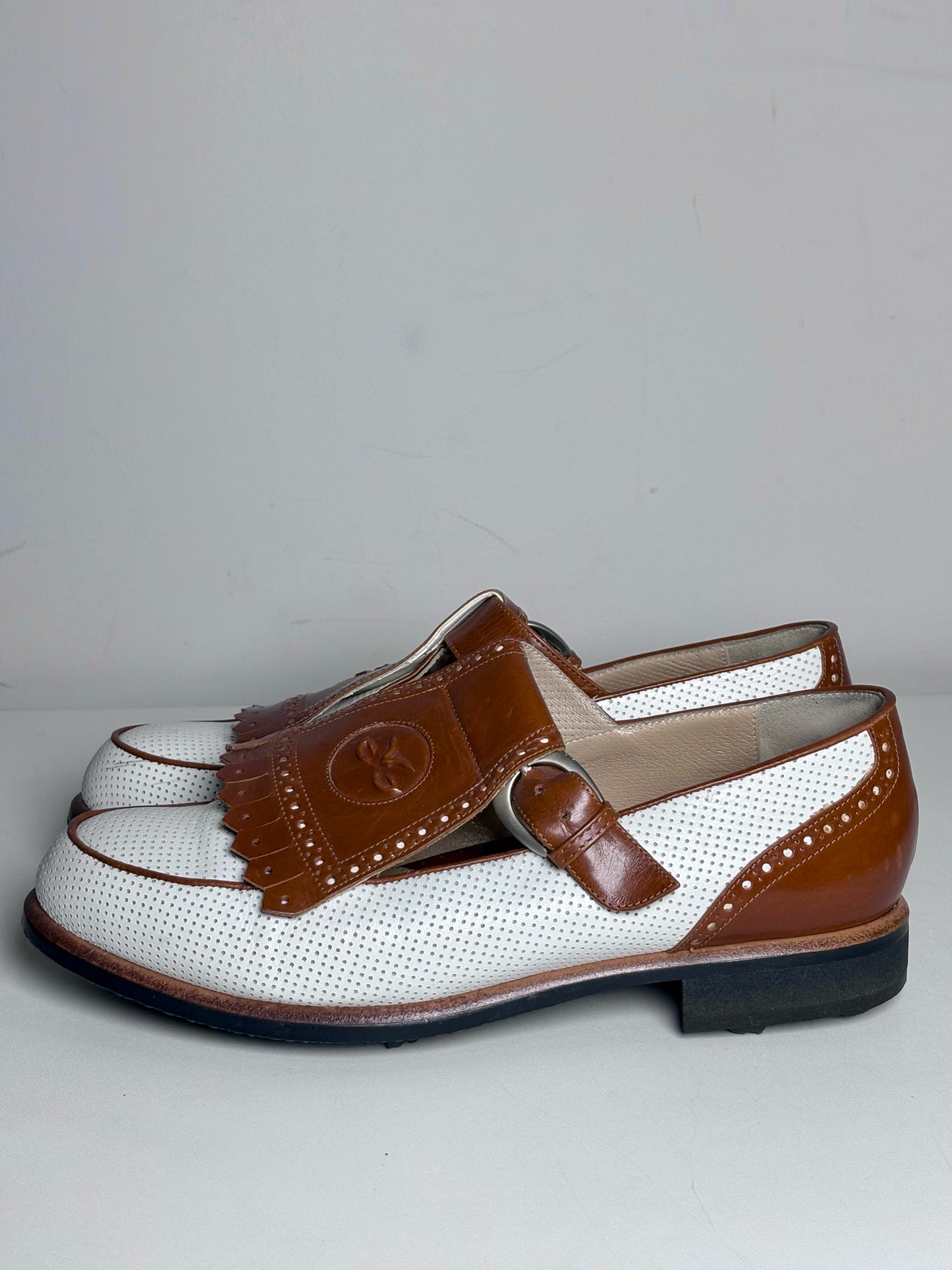W Shoe Size 8 Walter Genuin Kiltie White, Caramel Leather Vintage Golf Shoes