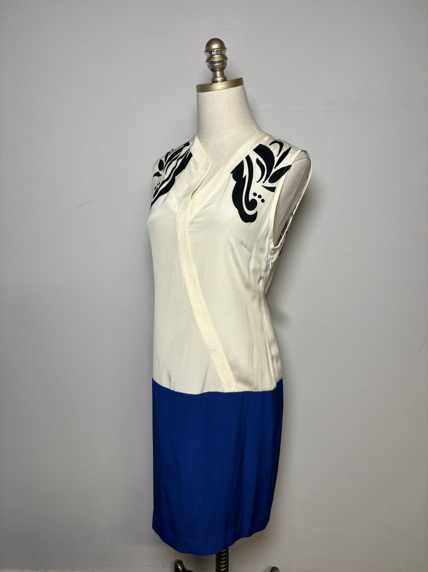 Women Size 6 Derek Lam 10 Crosby Cream, Blue Patches, Colorblock 100% Silk Dress