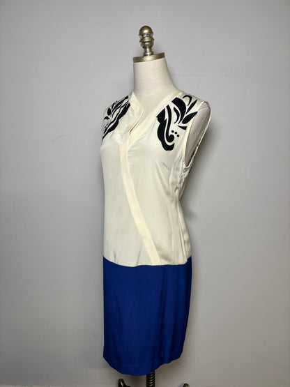 Women Size 6 Derek Lam 10 Crosby Cream, Blue Patches, Colorblock 100% Silk Dress