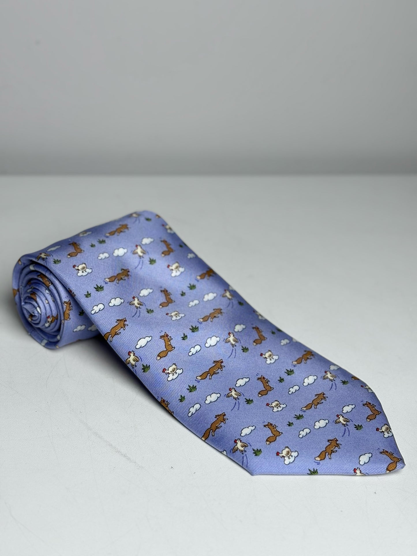 Hermes Sky Blue 100% Silk Fox, Chicken Flying Men's Vintage Pre-owned Tie