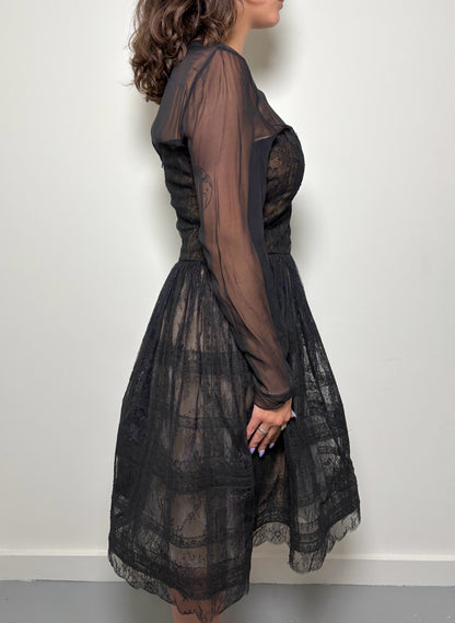 Women Size 14 Oscar de la Renta Black Silk, Lace Cocktail Dress
