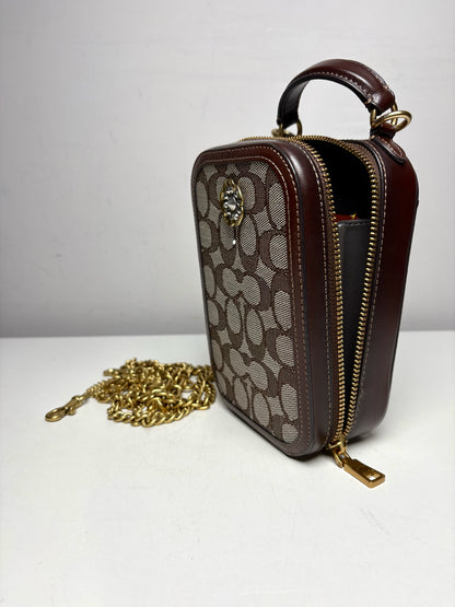 Women's Coach Alie Camera Brown Tan Monogram Pre-Owned Chain Crossbody Bag with Custom Charm