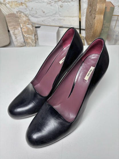 W Shoe Size 37.5 Miu Miu Black Leather Genuine Leather Heels