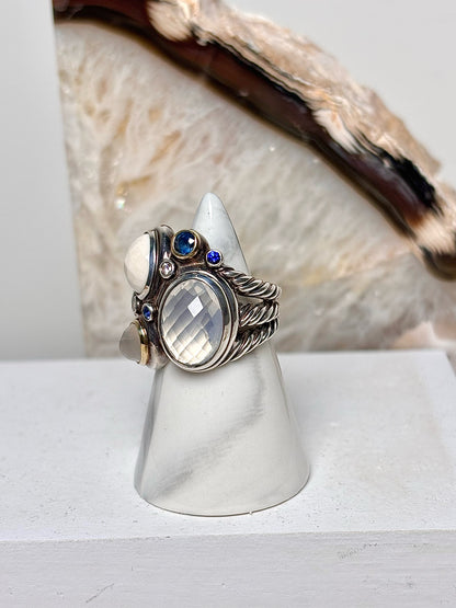 David Yurman White Agate, Moonstone, Quartz Sterling Silver 6 Ring