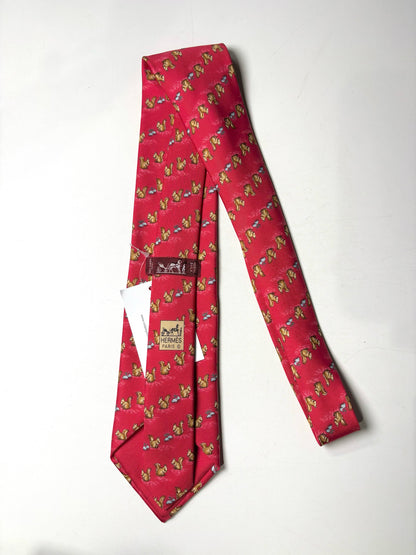 Hermes Red 100% Silk Squirrels Men's Tie