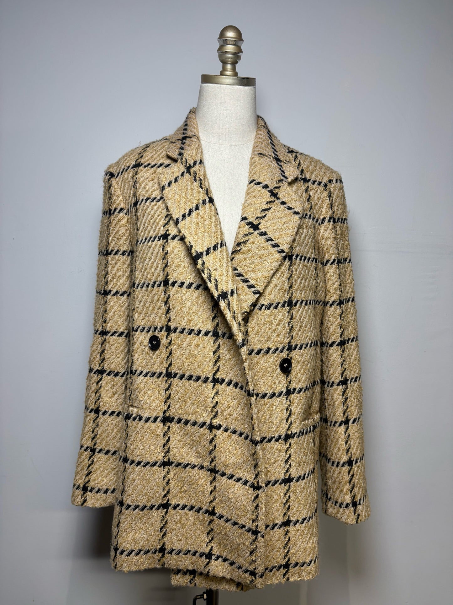 Women Size S Anine Bing Tan & Black Tweed Wool Pre-Owned Double-Breasted Blazer