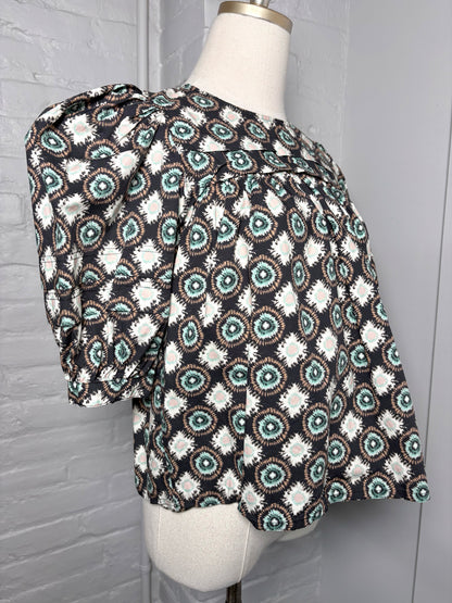 Women Size XS Hunter Bell Black, Mint Green, Peach Abstract Print Cotton Blouse
