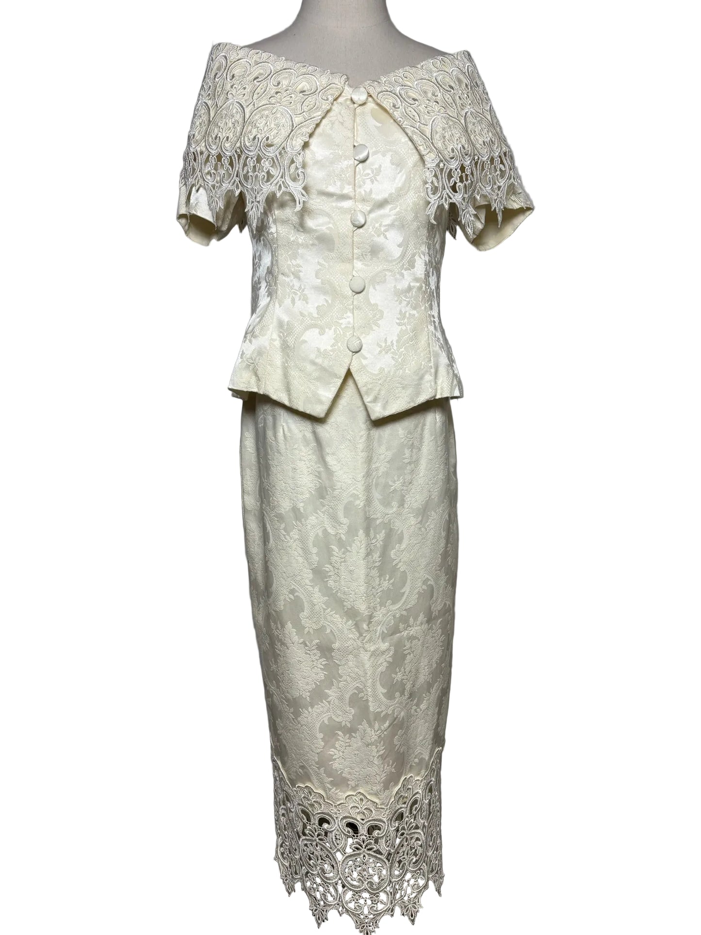 Size 12 Jessica McClintock Vintage Off-white Lace Jacket/Skirt Women's Suit