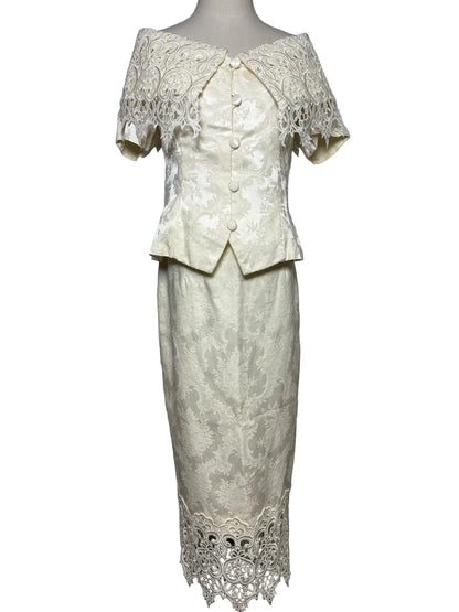 Size 12 Jessica McClintock Vintage Off-white Lace Jacket/Skirt Women's Suit