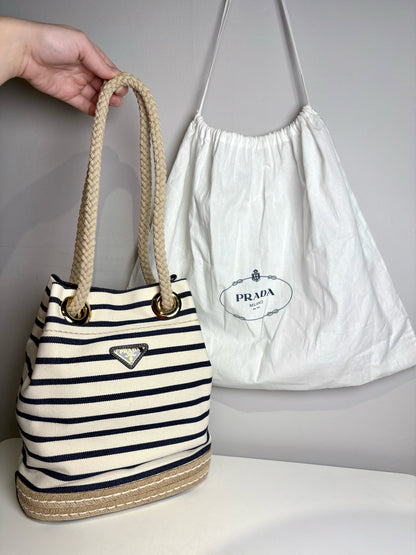 Prada Mariner Canvas Medium Bucket Bag Stripe Cream Pre-owned Purse