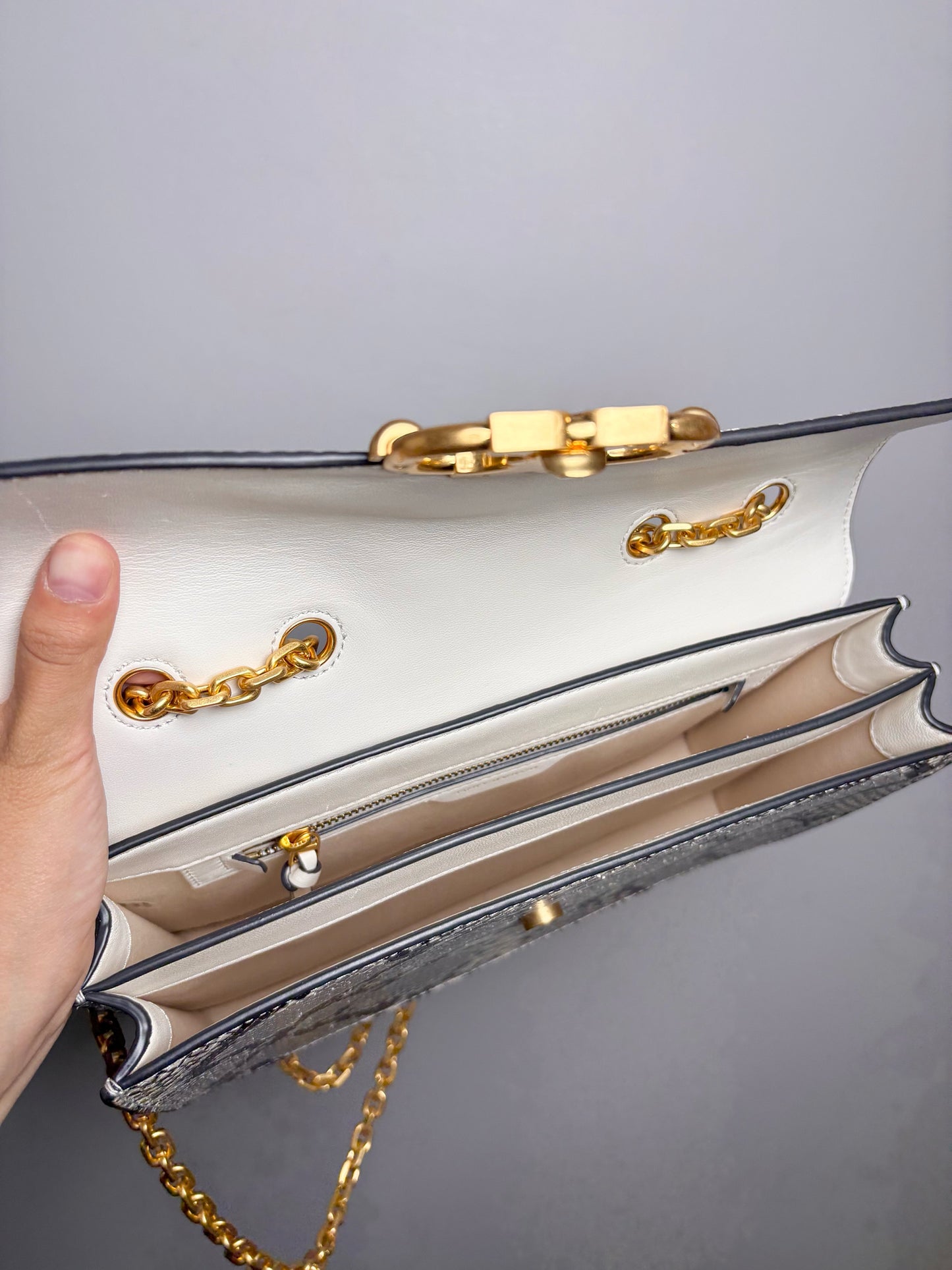 Tory Burch Snakeskin Print Leather Gray, Cream Gemini Link Purse