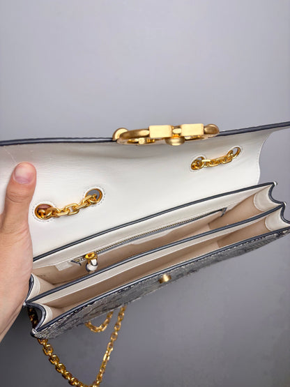 Tory Burch Snakeskin Print Leather Gray, Cream Gemini Link Purse