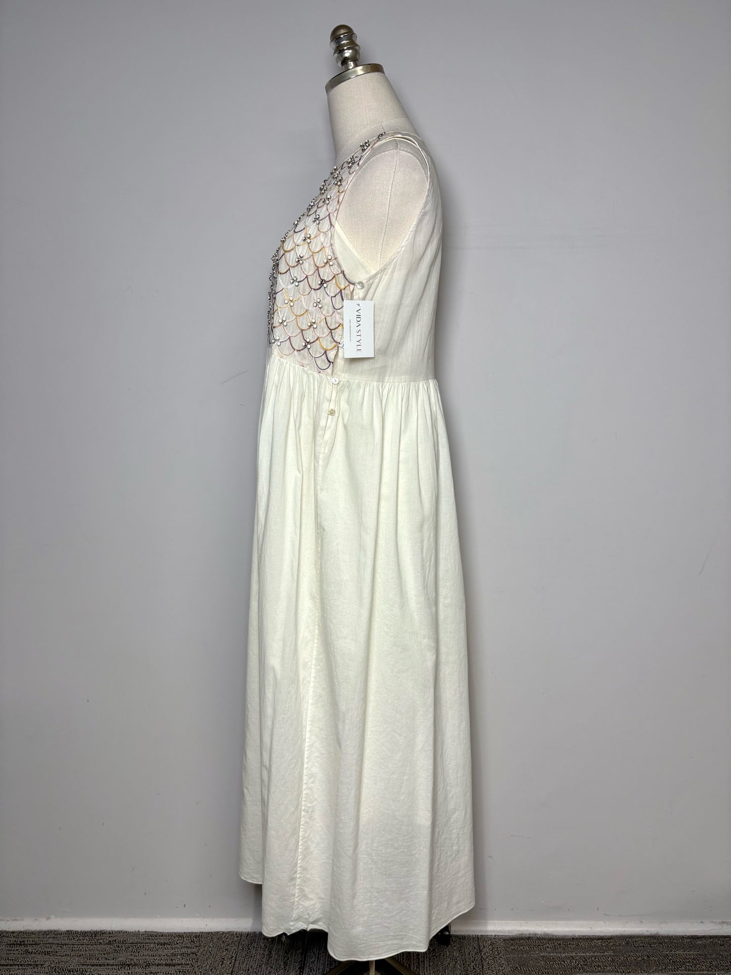 Women Size 1 (2 - 4 US) Megan Park Cream Scalloped Pure Cotton Pre-owned Dress