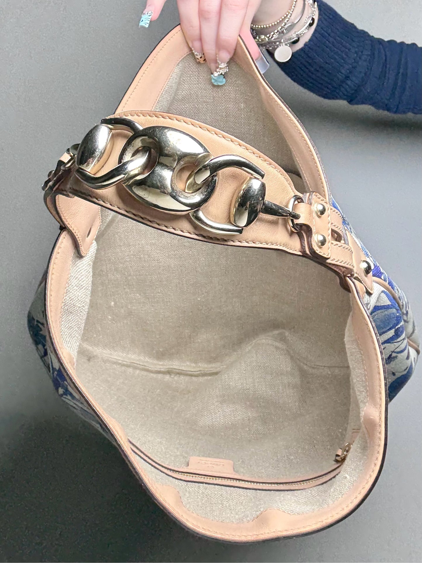 Gucci Flora Wave Horsebit Canvas, Leather Bag