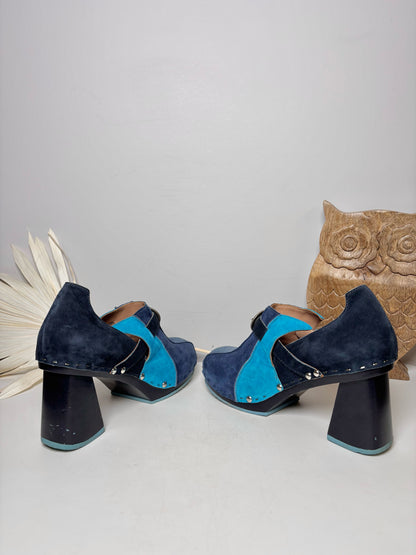W Shoe Size 8 John Fluevog Blue, Turquoise Leather Suede Heels