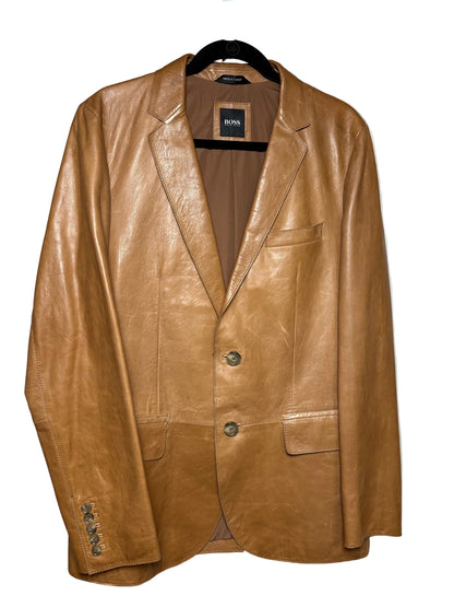 Men Size 40 (L) BOSS Hugo Boss Camel Leather Pre-Owned Blazer Jacket