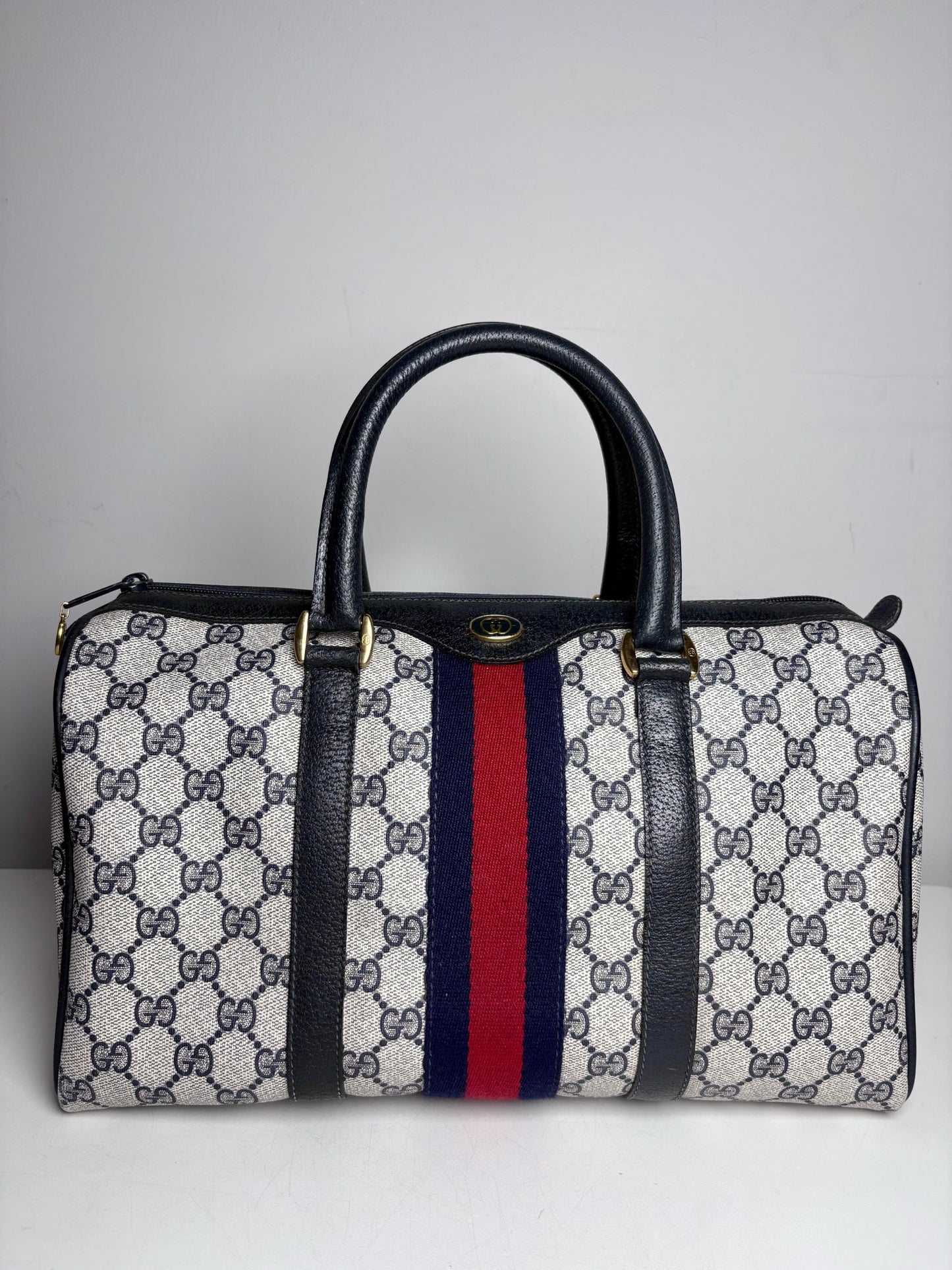 Vintage Gucci Boston Bag Monogram Navy Coated Canvas w/Leather Trim | Pre-owned