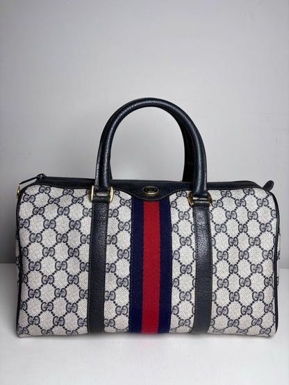 Vintage Gucci Boston Bag Monogram Navy Coated Canvas w/Leather Trim | Pre-owned