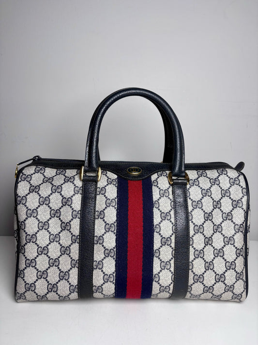 Vintage Gucci Boston Bag Monogram Navy Coated Canvas w/Leather Trim | Pre-owned