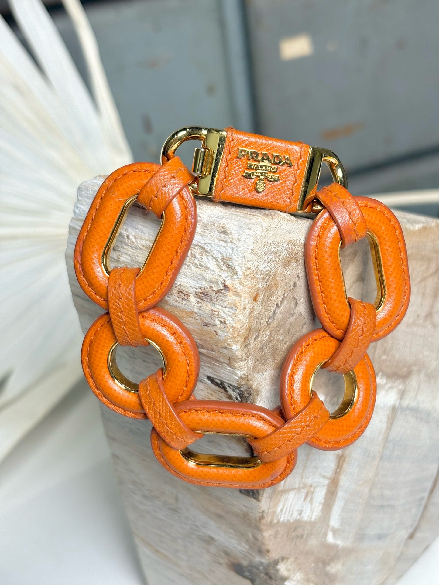 Prada Leather Chain Links Orange Bracelet