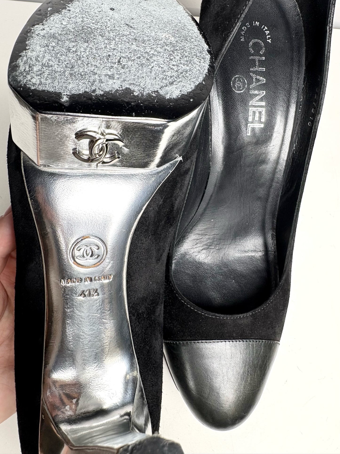 W Shoe Size 41.5 Chanel Black, Silver Leather Suede Pre-owned Heels